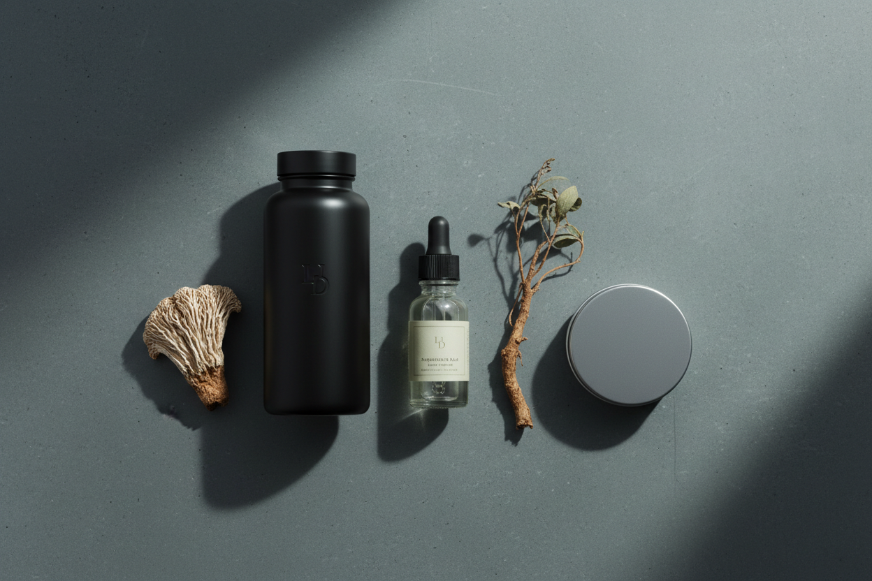A minimalist flat lay, high-end brand photography style. On a matte charcoal concrete surface, arrange a sleek black ceramic supplement bottle, a glass tincture dropper, and a small, minimal magnesium balm tin. Include a single dried Lion's Mane mushroom and a sprig of Rhodiola root. Soft, diffused natural light with dappled shadows. Muted color palette of matte slate gray, deep sage, and soft cream. Quiet Luxury, editorial, cinematic.